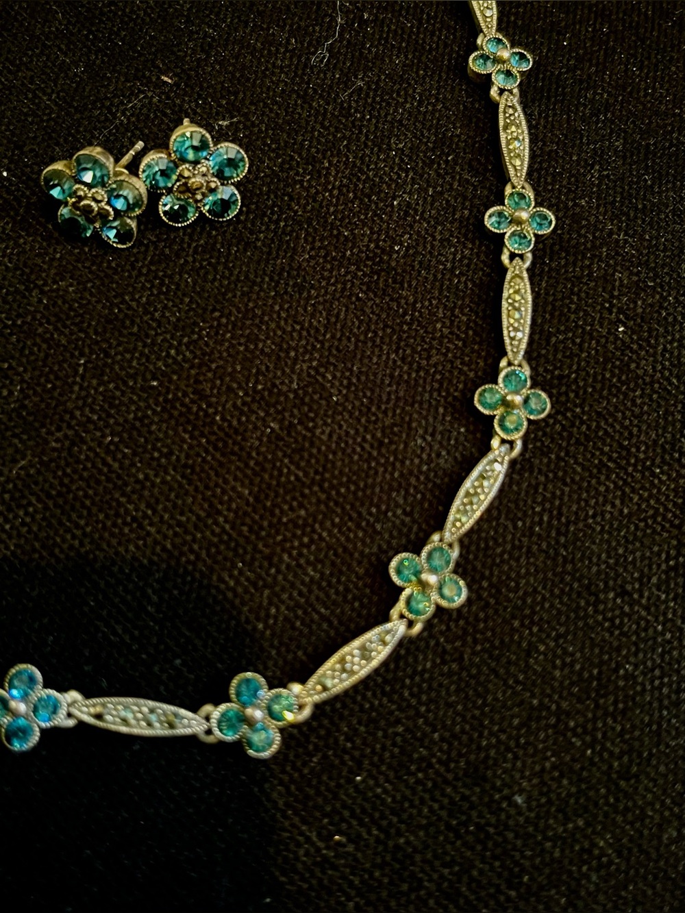 Silver Marcasite with Floral Teal Crystal Necklace, Bracelet and Earring Set